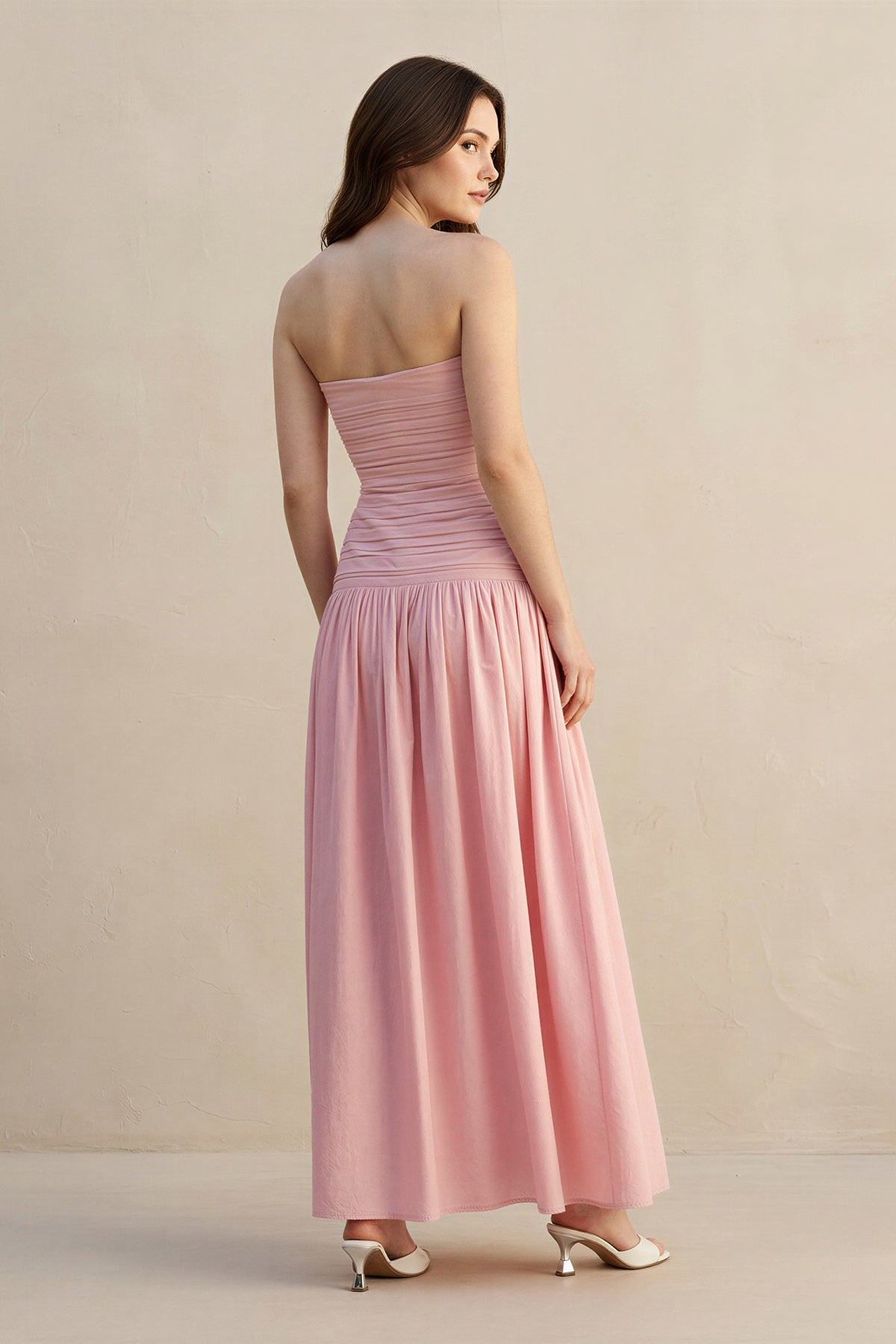Robe longue rose poudré bustier effet drapé - Harana