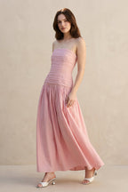 Robe longue rose poudré bustier effet drapé - Harana