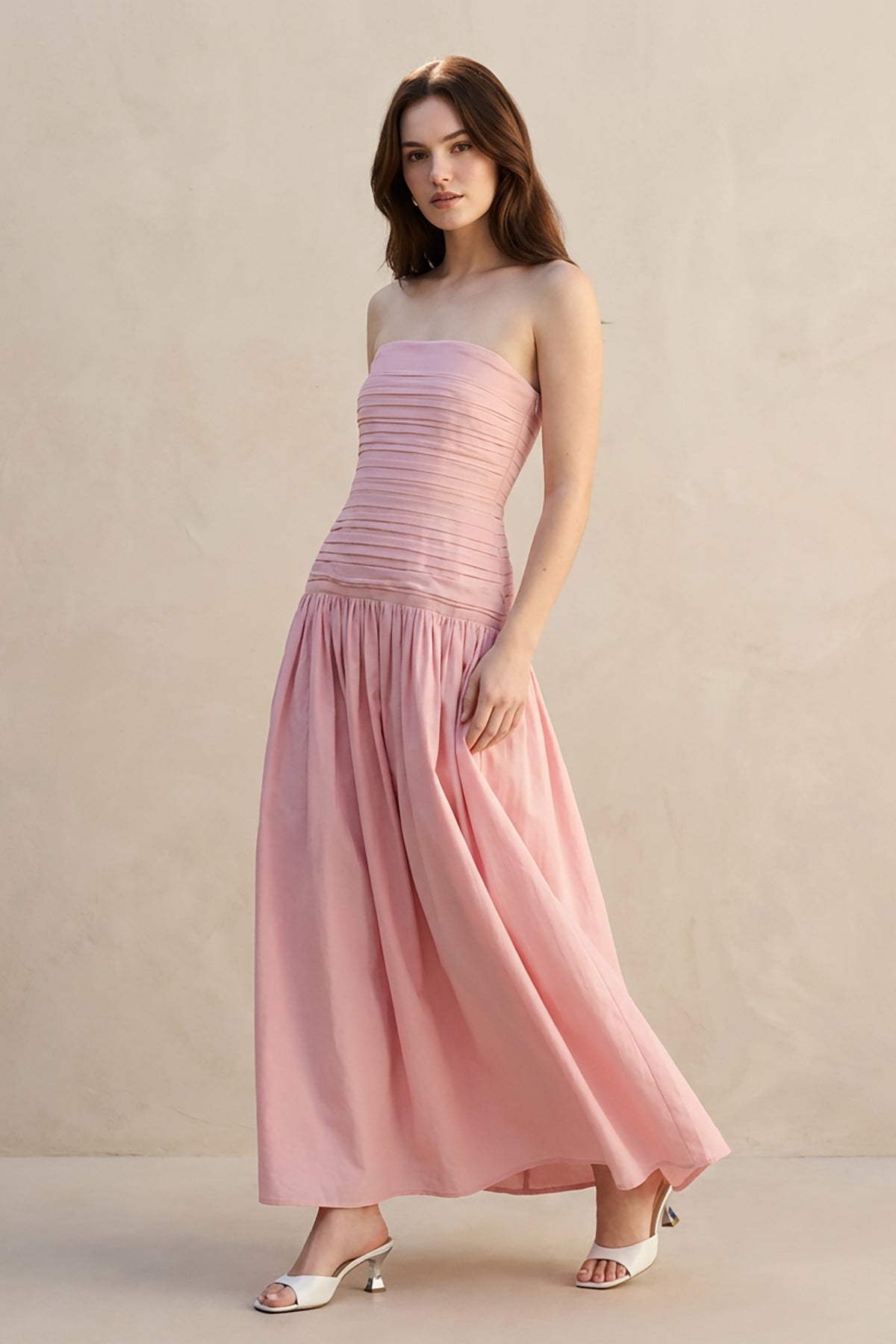 Robe longue rose poudré bustier effet drapé - Harana