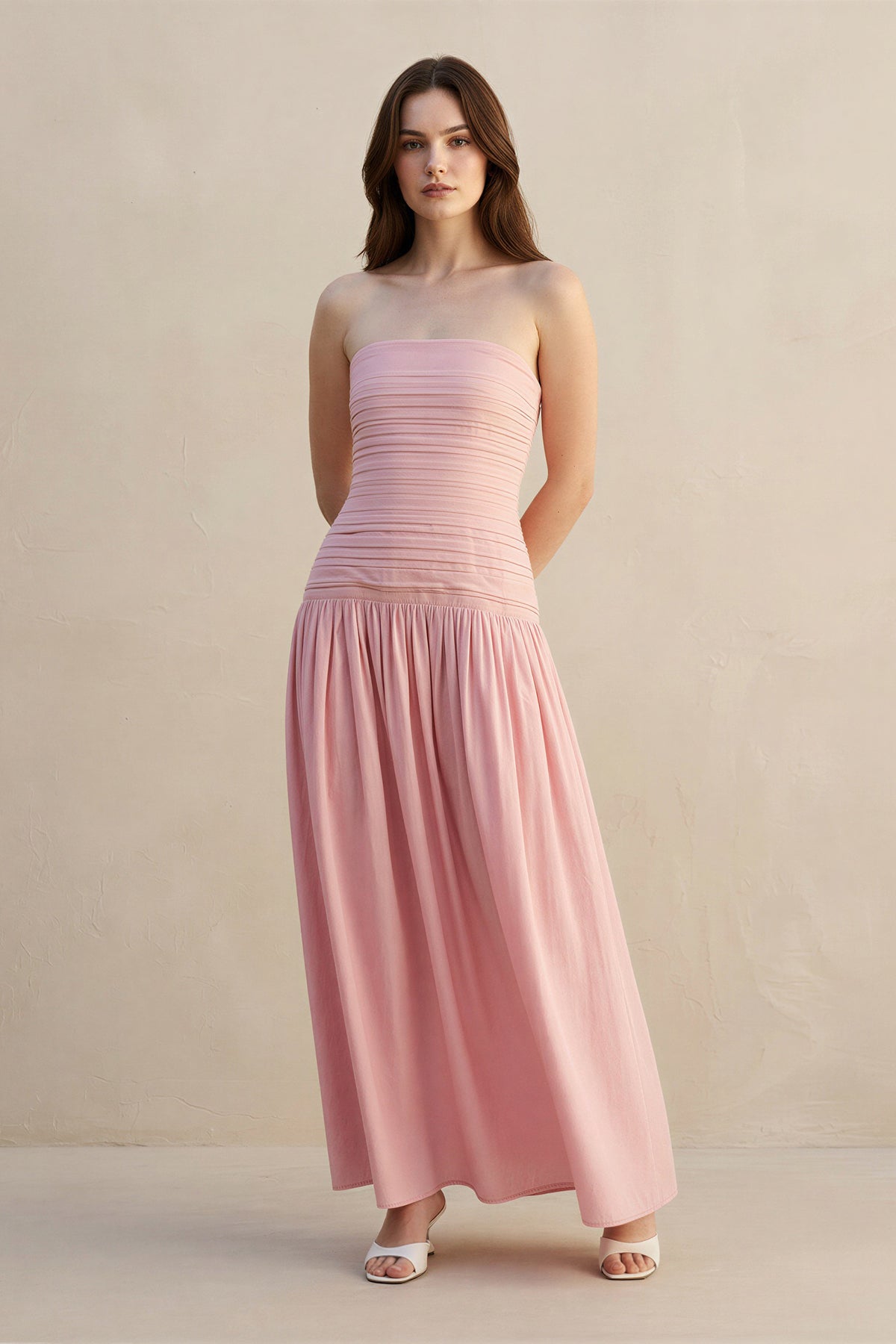 Robe longue rose poudré bustier effet drapé - Harana