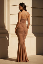 Robe longue marron coupe sirène bustier effet drapé - Harana