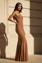Robe longue marron coupe sirène bustier effet drapé - Harana