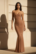 Robe longue marron coupe sirène bustier effet drapé - Harana