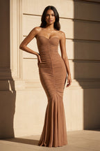 Robe longue marron coupe sirène bustier effet drapé - Harana