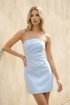 Robe courte bleu ciel bustier effet drapé - Harana