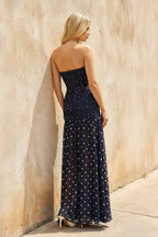 Robe longue bleu marine bustier effet drapé - Harana
