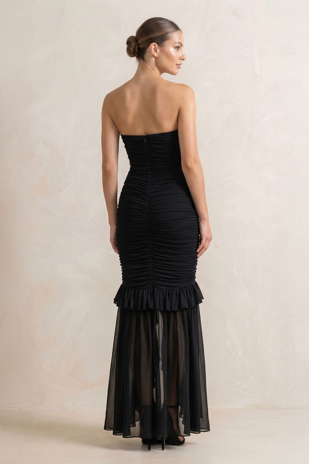 Robe longue bustier effet drapé à volants - Harana