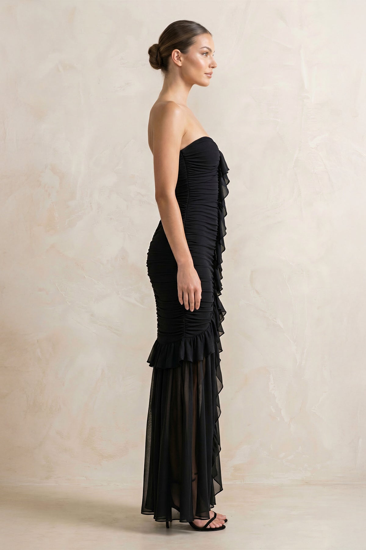 Robe longue bustier effet drapé à volants - Harana