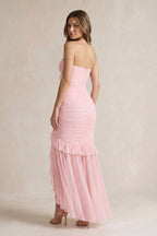 Robe longue bustier effet drapé à volants - Harana