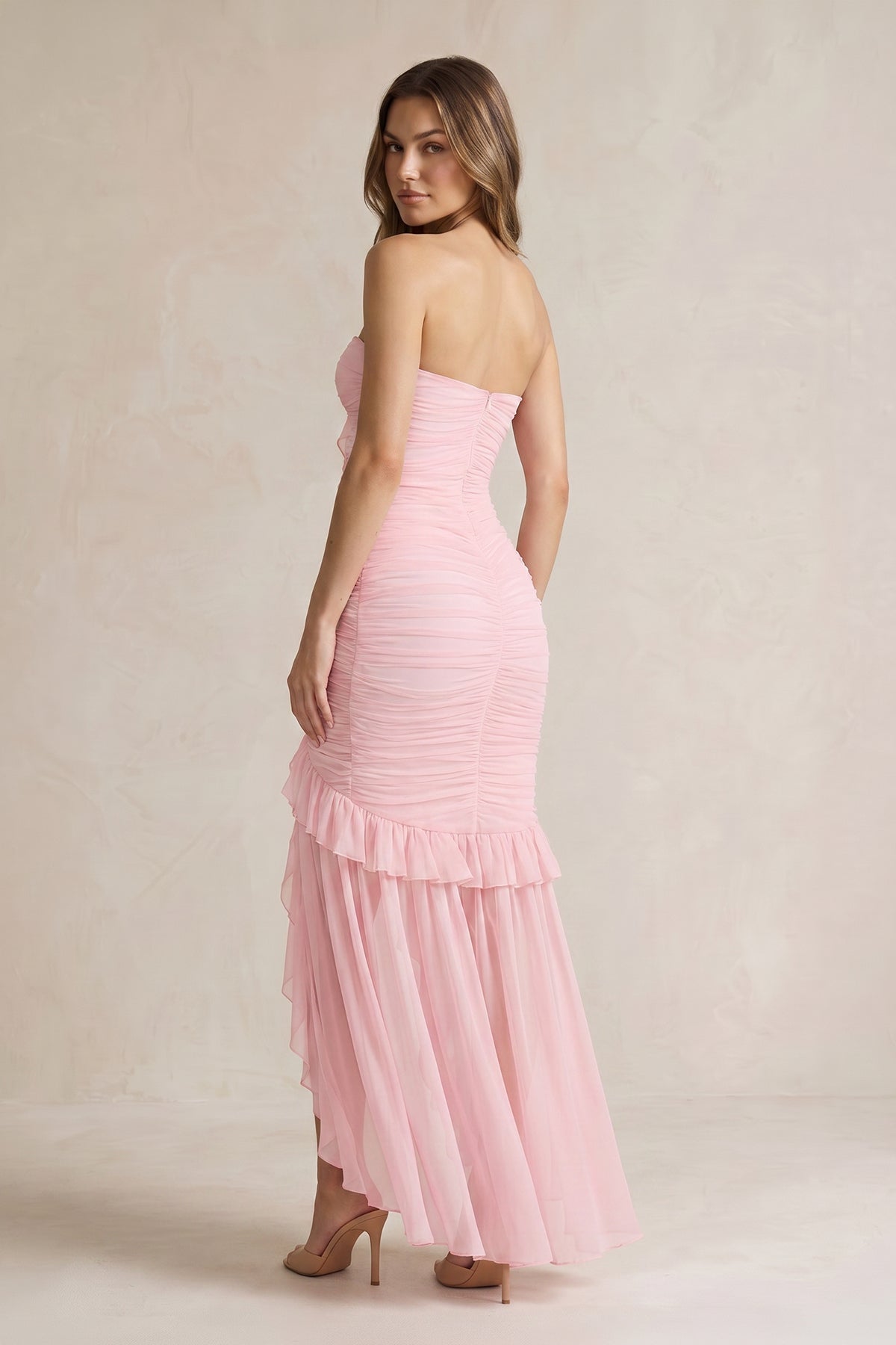 Robe longue bustier effet drapé à volants - Harana