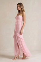 Robe longue bustier effet drapé à volants - Harana
