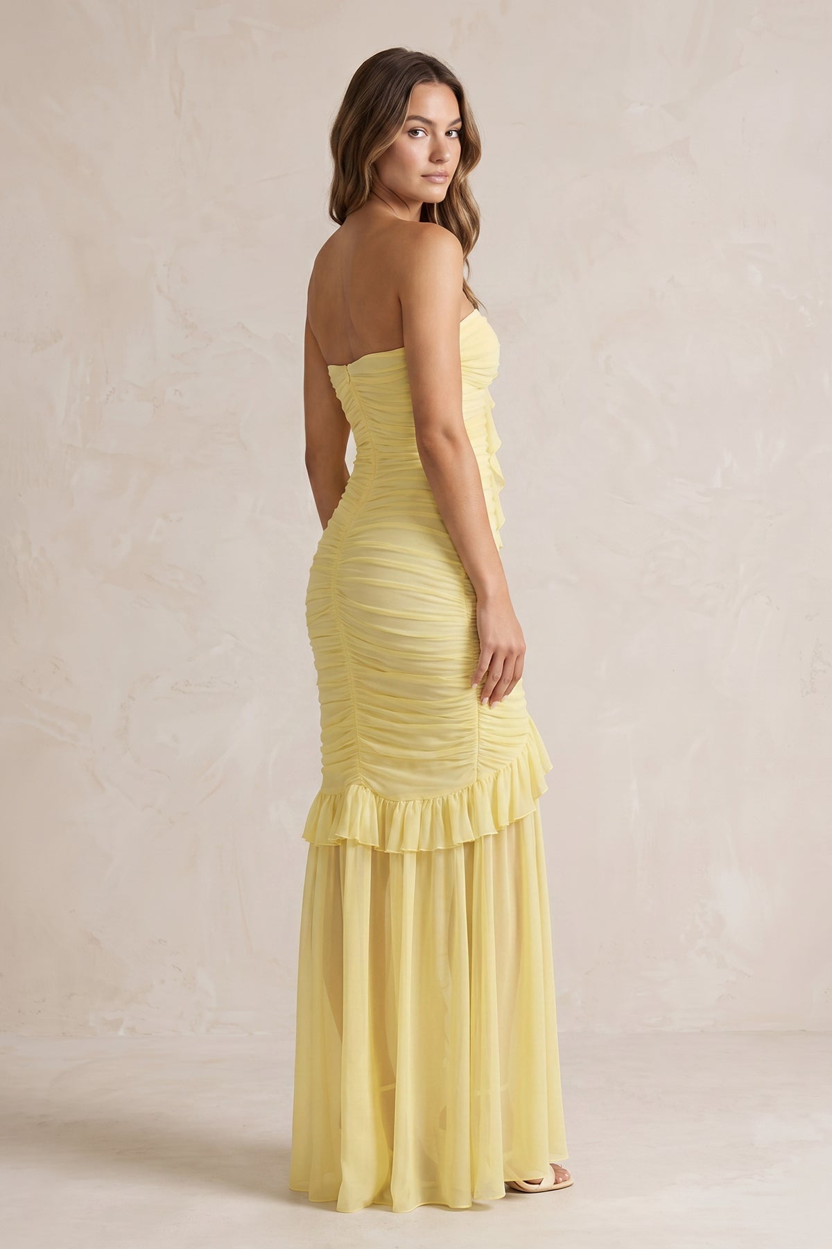 Robe longue bustier effet drapé à volants - Harana