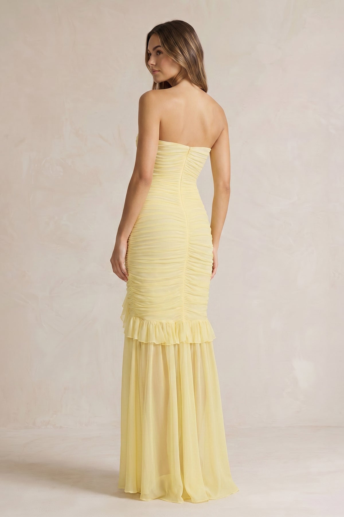 Robe longue bustier effet drapé à volants - Harana