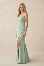 Robe demoiselle d’honneur matcha longue bustier sans manches avec fente - Harana