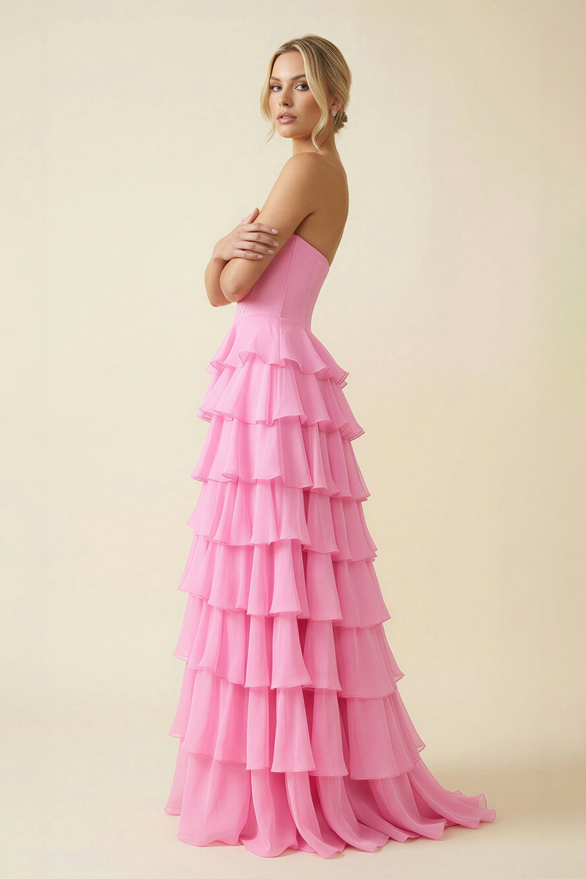 Robe longue rose coupe trapèze bustier avec fente - Harana