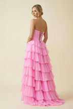 Robe longue rose coupe trapèze bustier avec fente - Harana