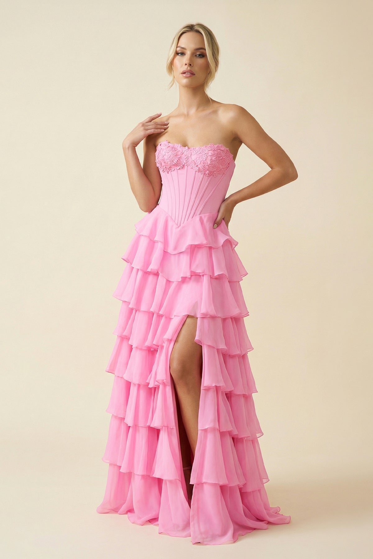 Robe longue rose coupe trapèze bustier avec fente - Harana