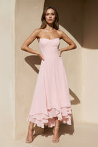 Robe midi rose coupe trapèze bustier à volants - Harana