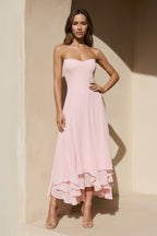 Robe midi rose coupe trapèze bustier à volants - Harana