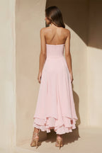 Robe midi rose coupe trapèze bustier à volants - Harana