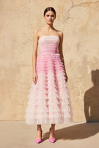 Robe midi rose bustier à volants - Harana