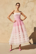 Robe midi rose bustier à volants - Harana
