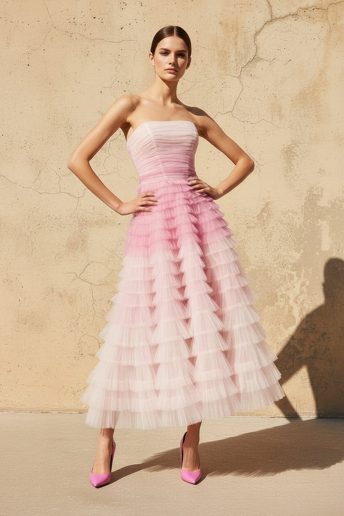 Robe midi rose bustier à volants - Harana