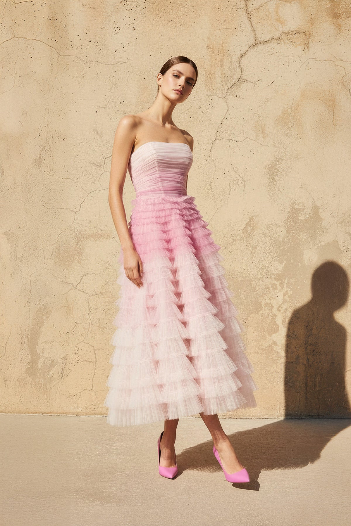 Robe midi rose bustier à volants - Harana