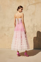 Robe midi rose bustier à volants - Harana