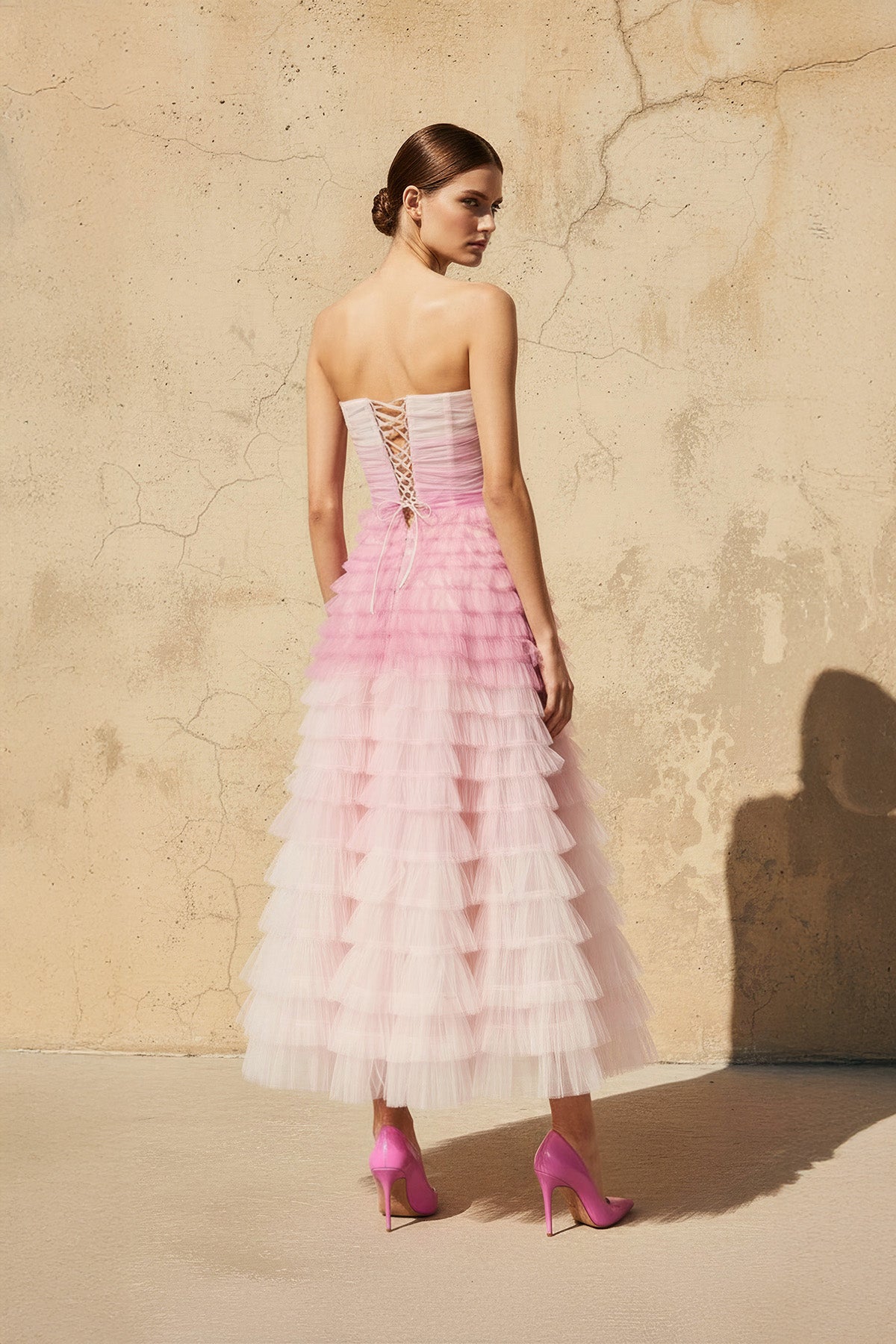 Robe midi rose bustier à volants - Harana