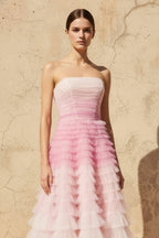 Robe midi rose bustier à volants - Harana