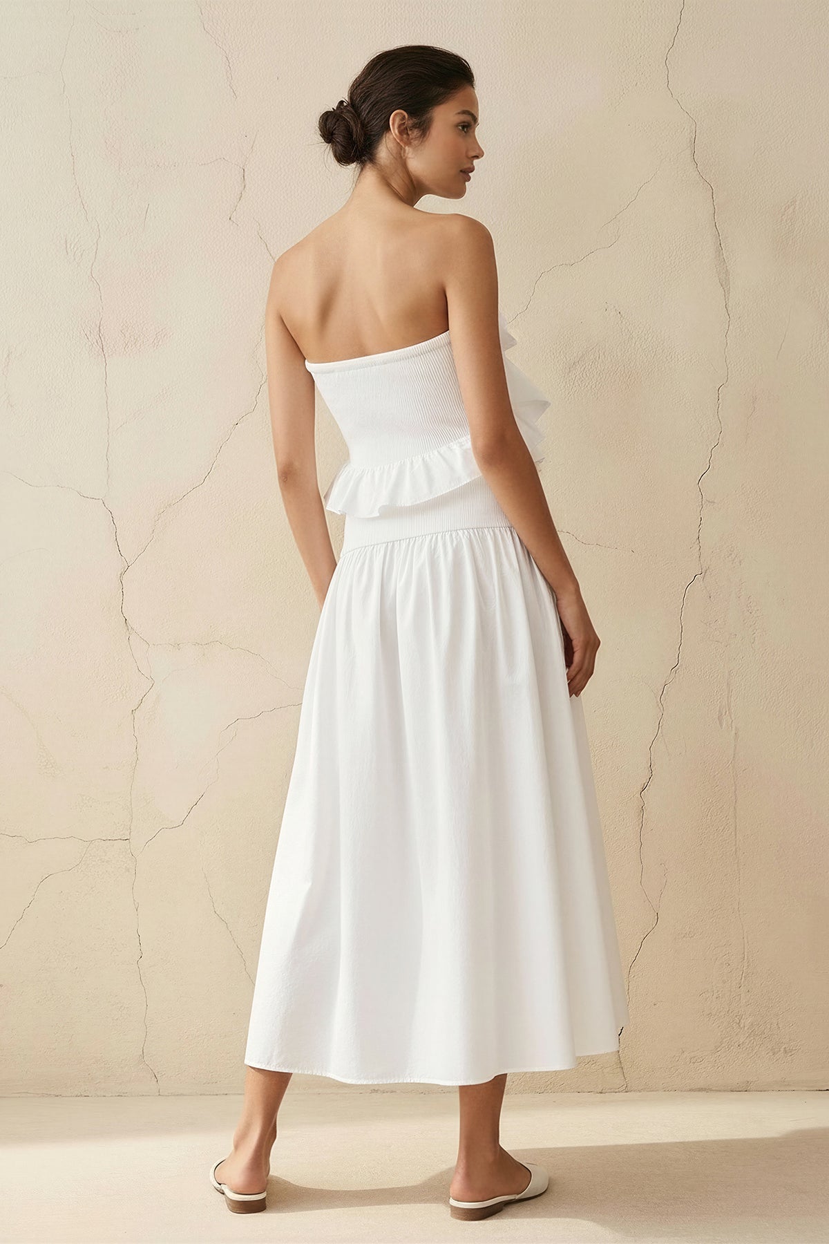 Robe midi blanc bustier à volants - Harana