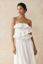 Robe midi blanc bustier à volants - Harana