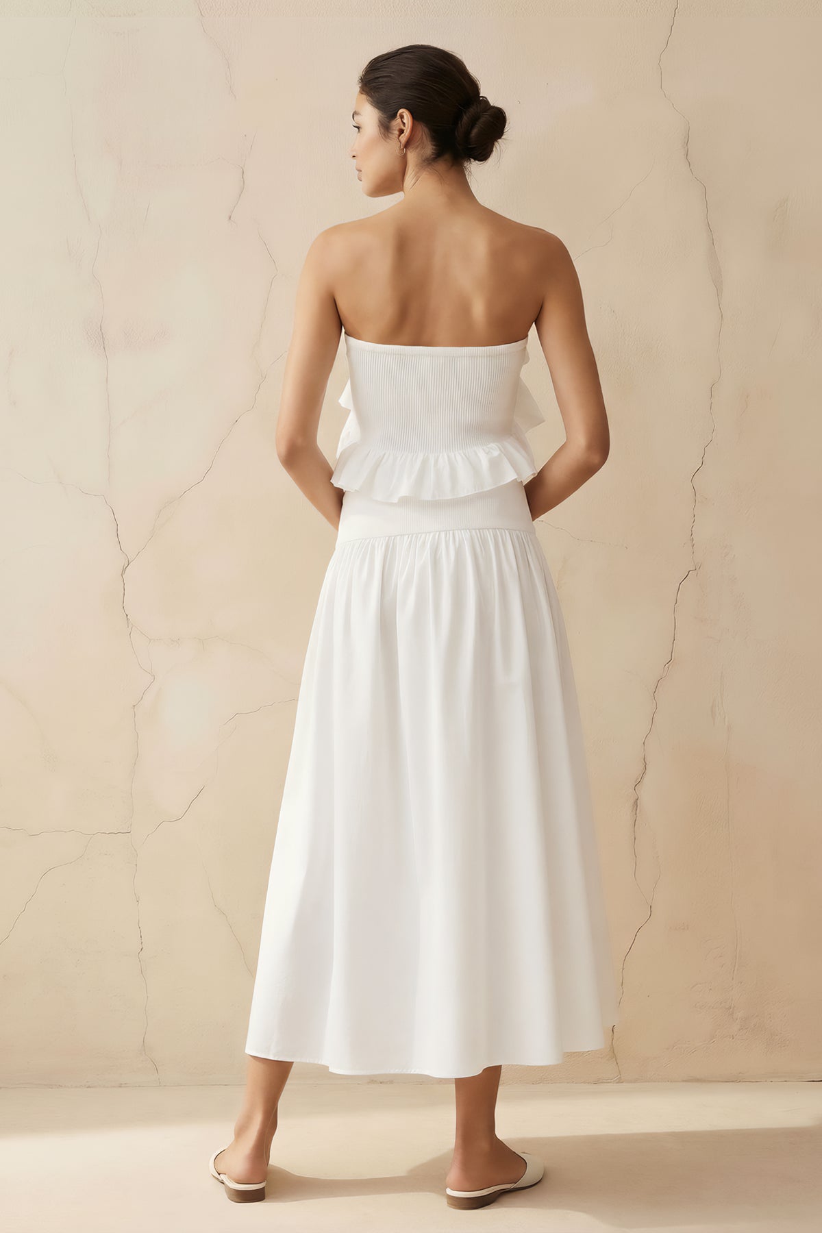 Robe midi blanc bustier à volants - Harana