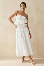 Robe midi blanc bustier à volants - Harana