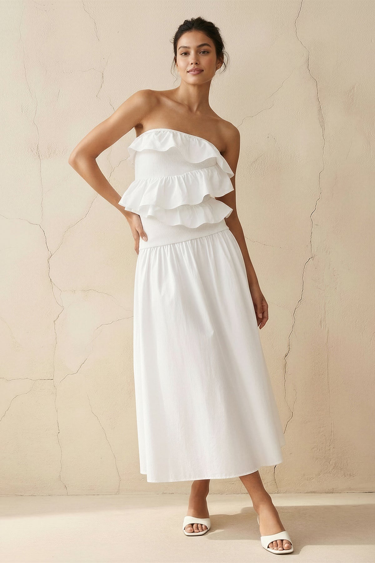 Robe midi blanc bustier à volants - Harana