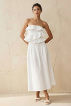 Robe midi blanc bustier à volants - Harana