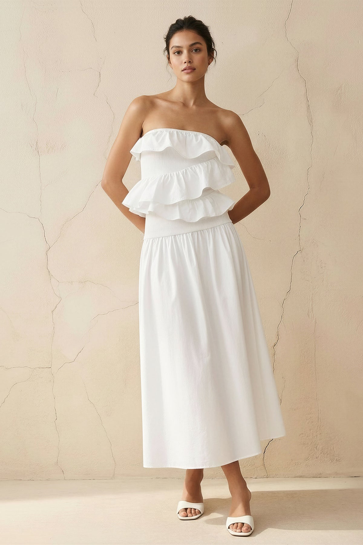 Robe midi blanc bustier à volants - Harana