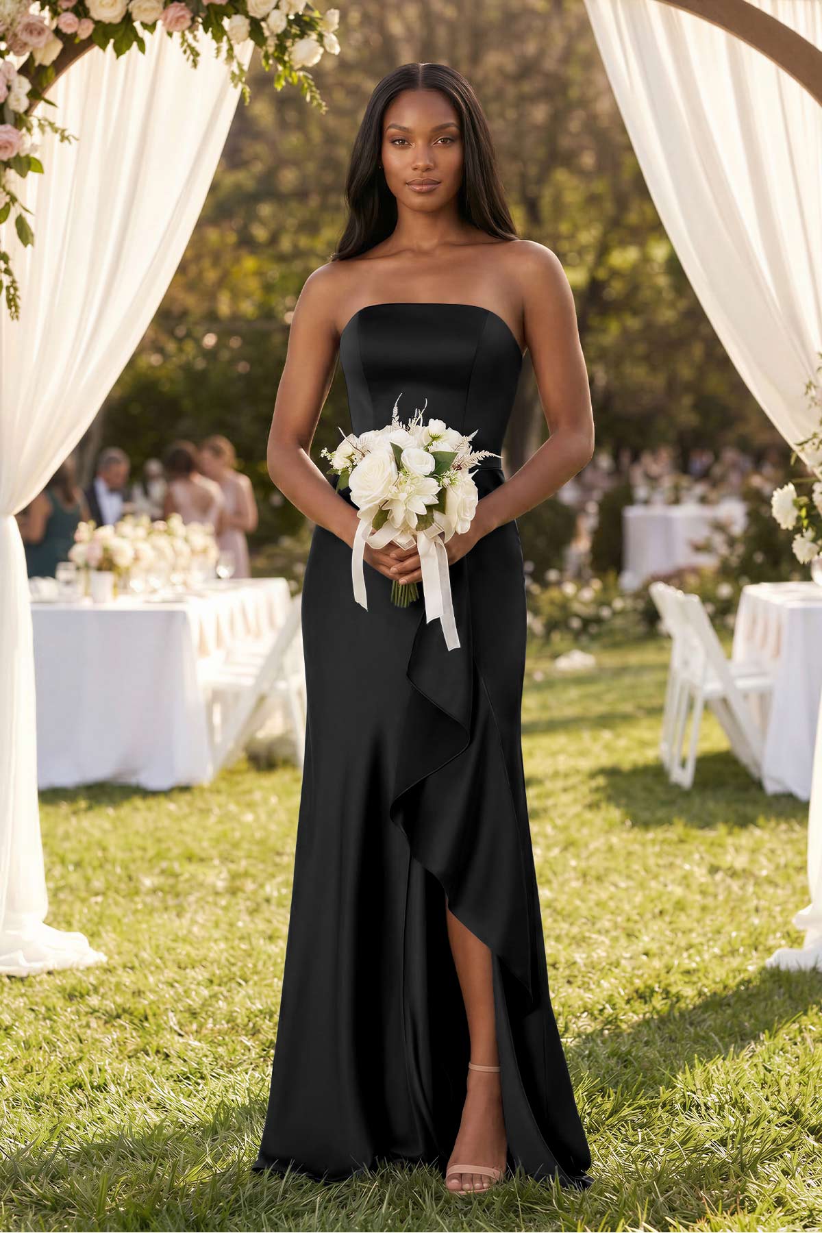 Robe demoiselle d’honneur noir longue bustier sans manches avec fente - Harana