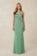 Robe demoiselle d’honneur vert d’eau longue bustier sans manches à volants - Harana