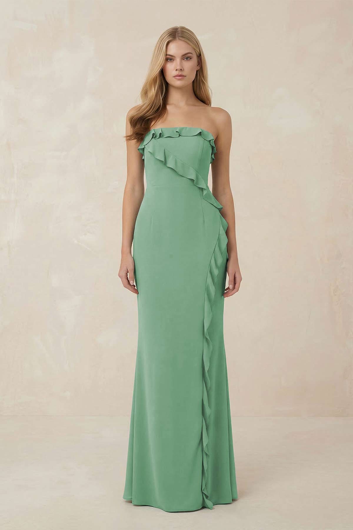 Robe demoiselle d’honneur vert d’eau longue bustier sans manches à volants - Harana