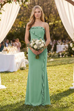 Robe demoiselle d’honneur vert d’eau longue bustier sans manches à volants - Harana