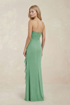 Robe demoiselle d’honneur vert d’eau longue bustier sans manches à volants - Harana