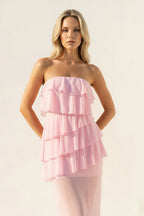 Robe longue rose bustier à volants - Harana