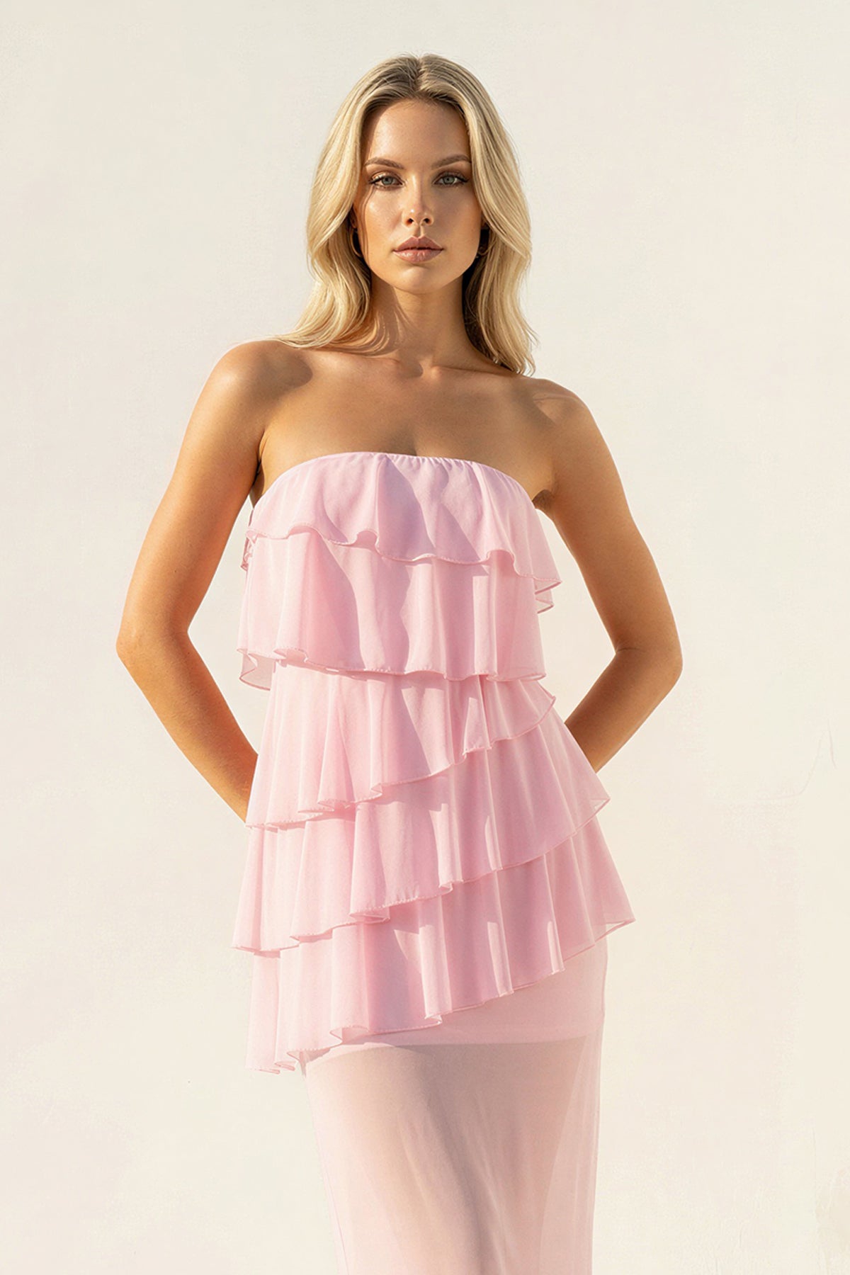 Robe longue rose bustier à volants - Harana