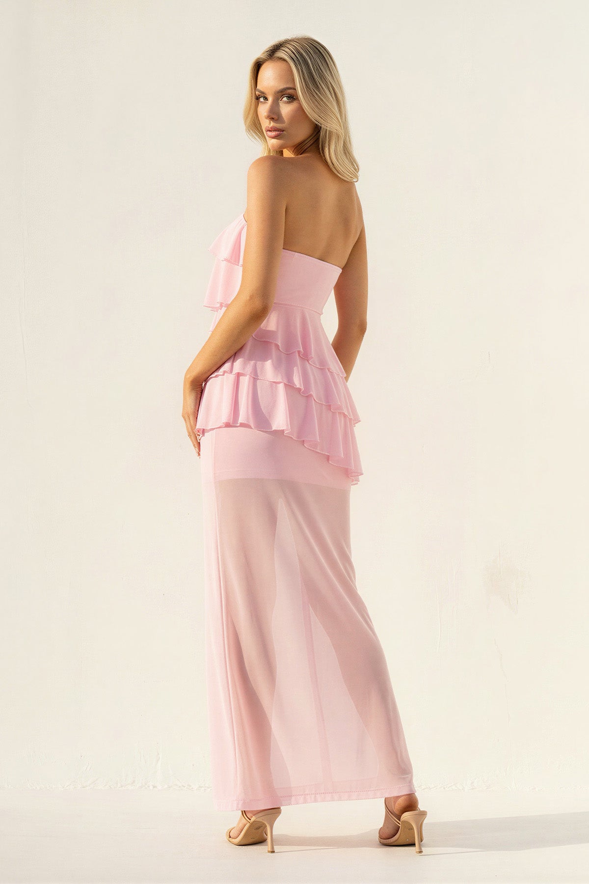 Robe longue rose bustier à volants - Harana