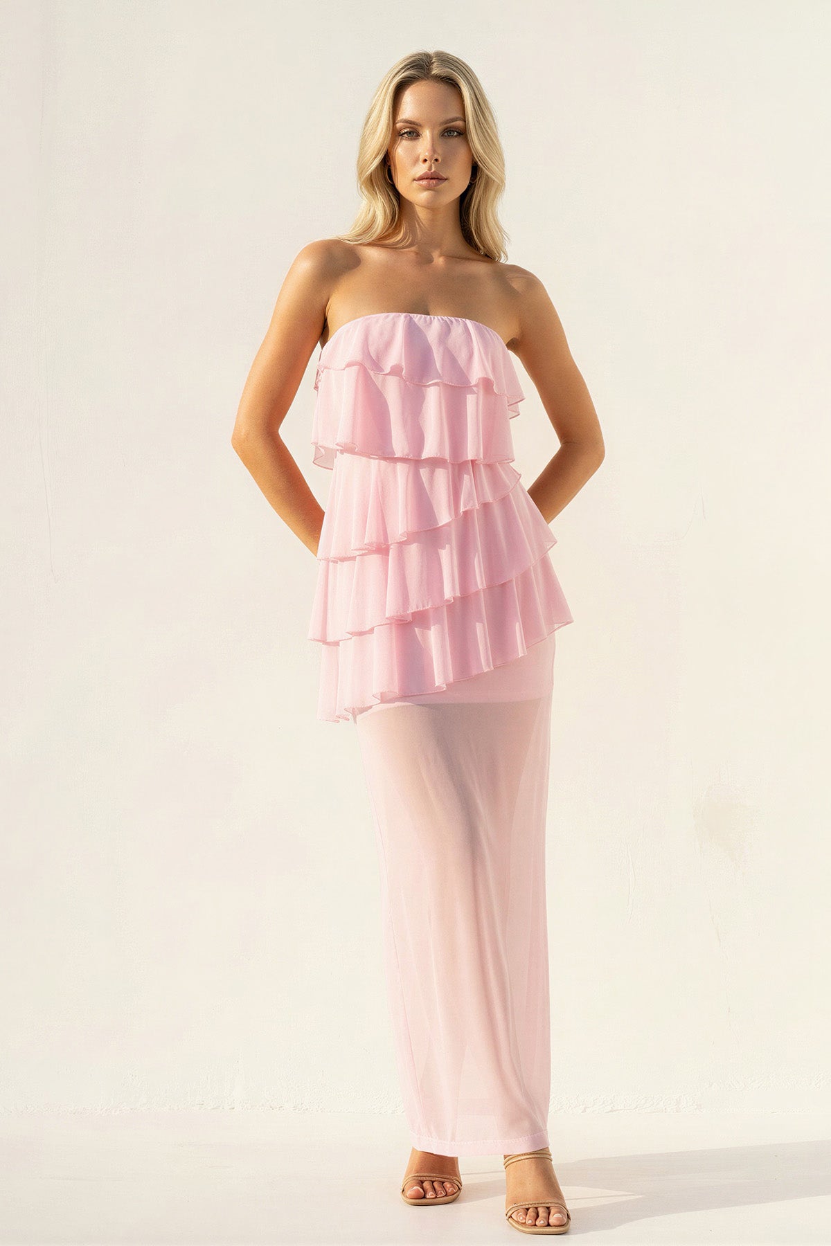 Robe longue rose bustier à volants - Harana