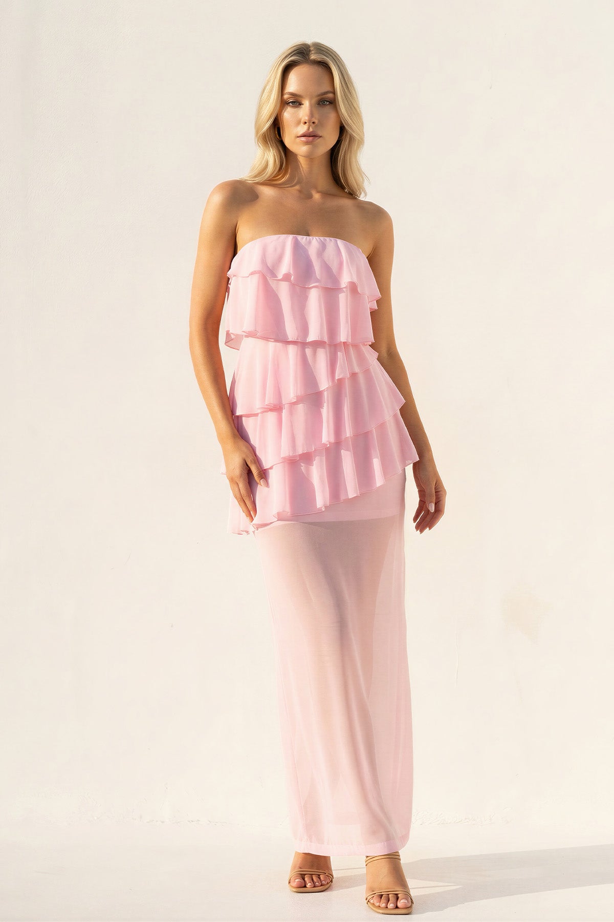 Robe longue rose bustier à volants - Harana