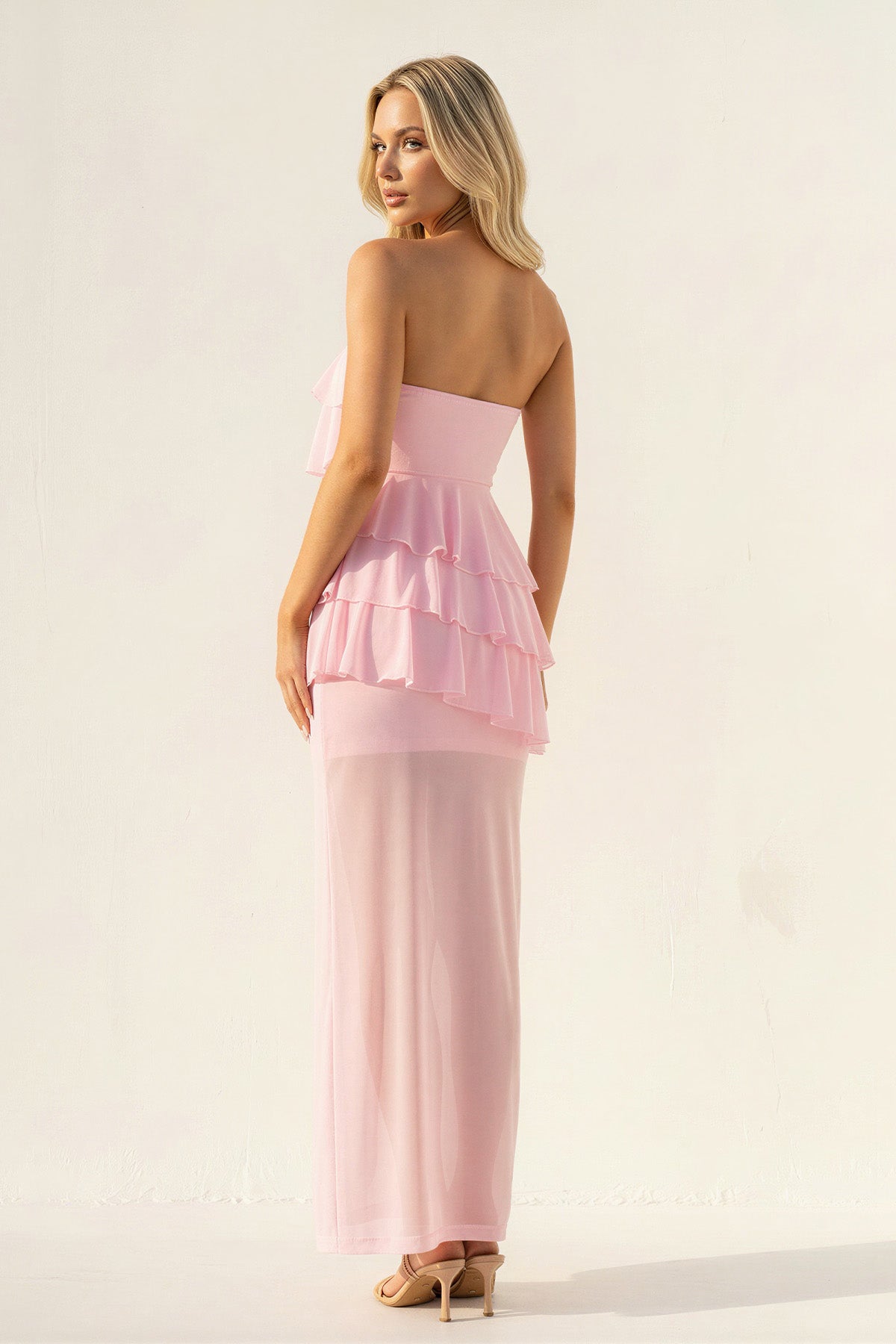 Robe longue rose bustier à volants - Harana