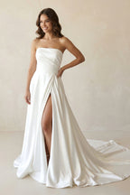 Robe de mariée blanche trapèze en satin bustier sans manches - Harana